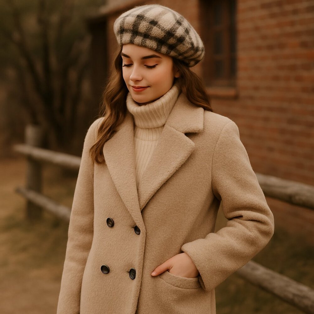 Parisian Chic Adora Faux Fur Plaid Beret Hat Cozy Winter Style Neutral Tones